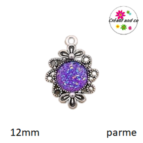 Pendentif argent tibétain cabochon parme imitation druzy 12mm
