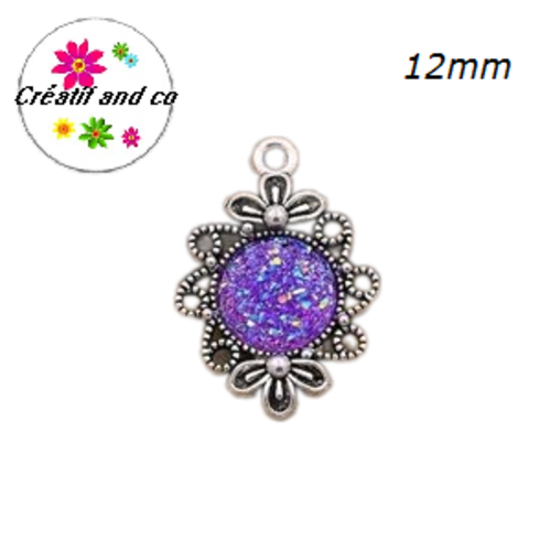 Pendentif argent tibétain cabochon parme imitation druzy 12mm