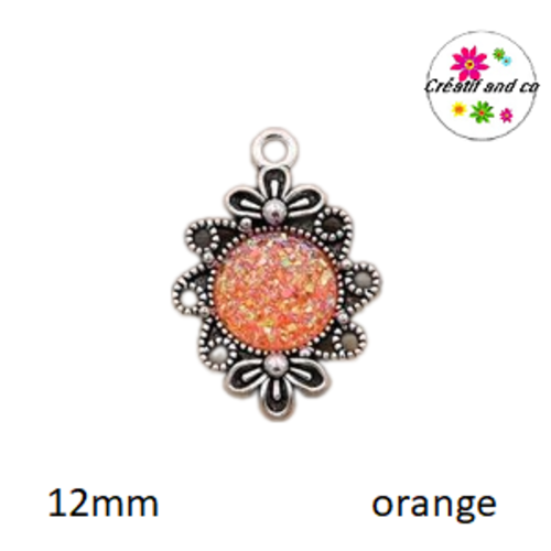 Pendentif argent tibétain cabochon orange imitation druzy 12mm