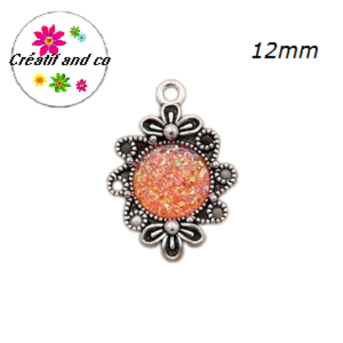 Pendentif argent tibétain cabochon orange imitation druzy 12mm