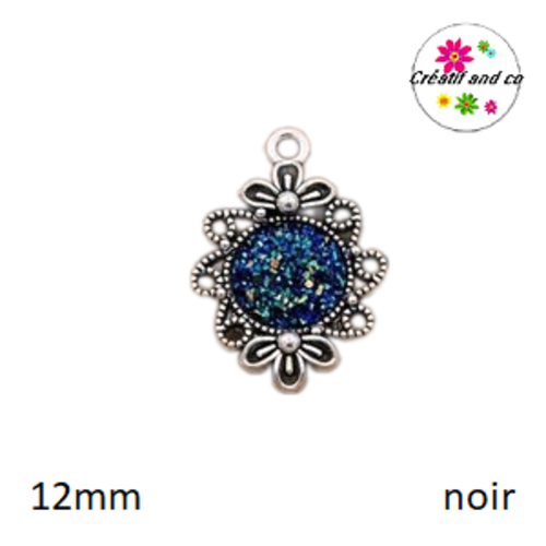 Pendentif argent tibétain cabochon noir imitation druzy 12mm