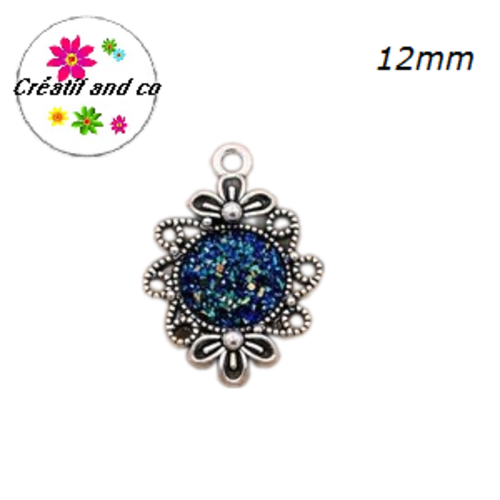 Pendentif argent tibétain cabochon noir imitation druzy 12mm