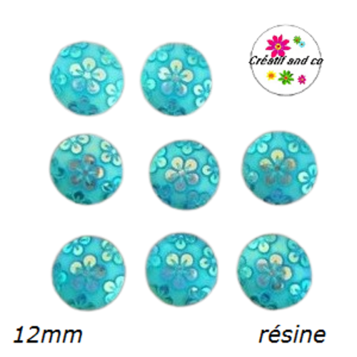 X2 cabochons turquoises motif fleur résine 12mm
