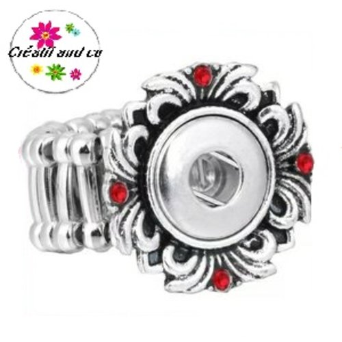 Bague métal argentée et strass rouge pour bouton pression 12mm