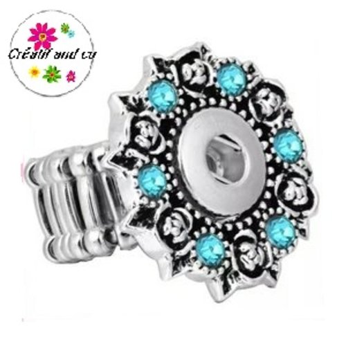 Bague métal argentée et strass turquoise pour bouton pression 12mm