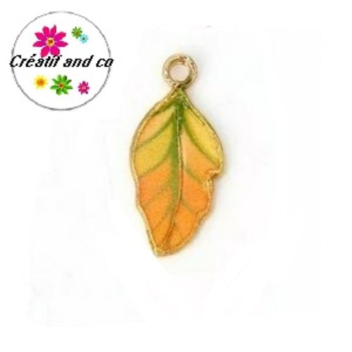Breloque feuille vert/marron émail 22mm