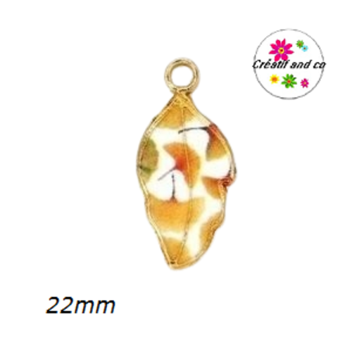 Breloque feuille blanc/marron émail 22mm