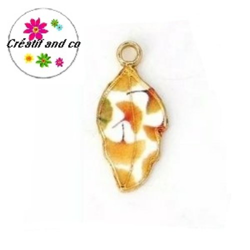 Breloque feuille blanc/marron émail 22mm