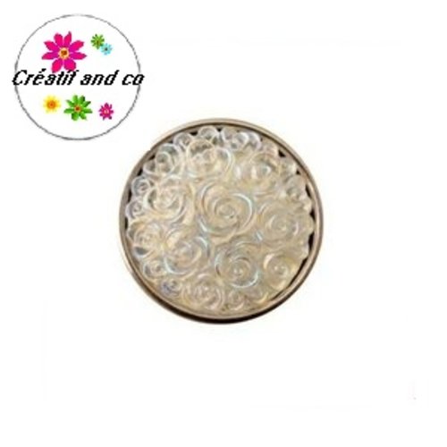 Bouton pression motif fleur blanc brillant résine 20mm