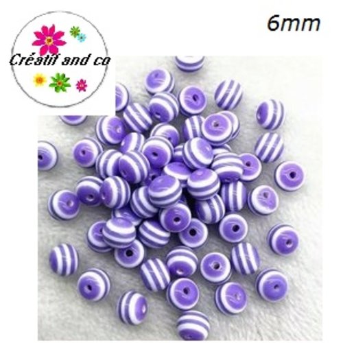 X10 perles rondes résine rayées mauves/blanches 6mm