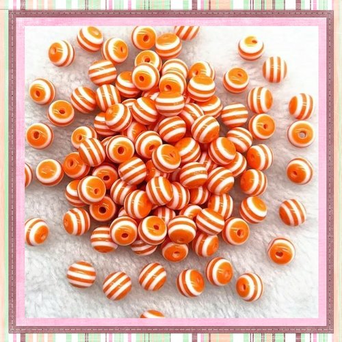 X10 perles rondes résine rayées oranges/blanches 6mm