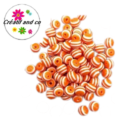 X10 perles rondes résine rayées oranges/blanches 6mm