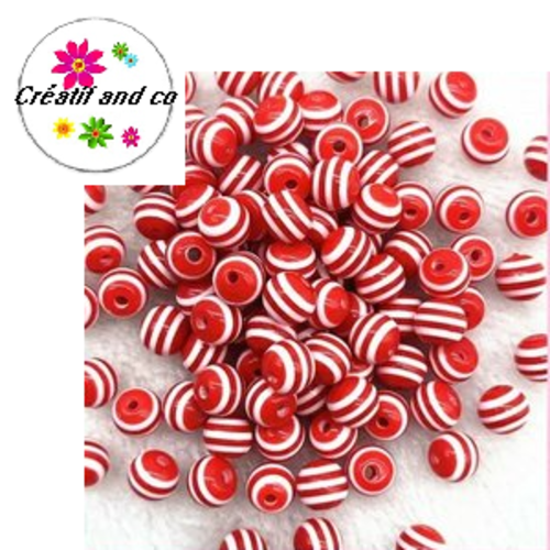 X10 perles rondes résine rayées rouges/blanches 6mm