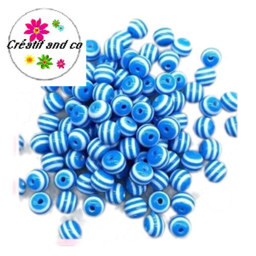 X10 perles rondes résine rayées bleues/blanches 6mm