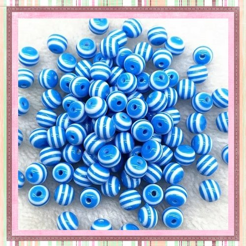 X10 perles rondes résine rayées bleues/blanches 6mm