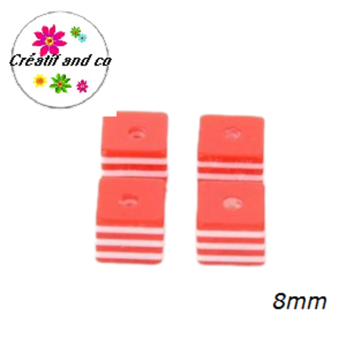 X10 perles carrées rayées rouges/blanches résine 8mm