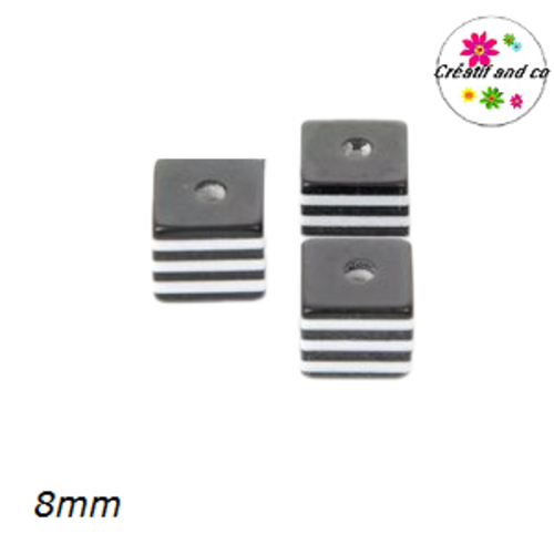 X10 perles carrées rayées noires/blanches résine 8mm