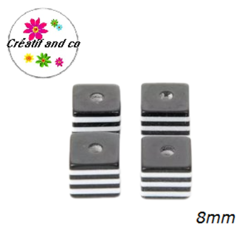 X10 perles carrées rayées noires/blanches résine 8mm