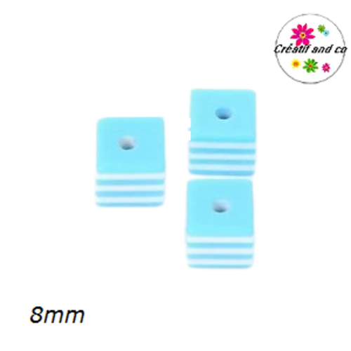 X10 perles carrées rayées bleues/blanches résine 8mm
