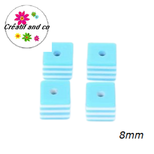 X10 perles carrées rayées bleues/blanches résine 8mm