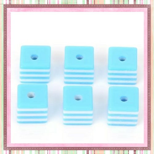 X10 perles carrées rayées bleues/blanches résine 8mm