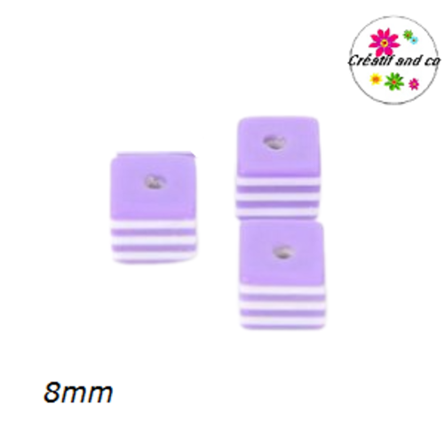 X10 perles carrées rayées mauves/blanches résine 8mm