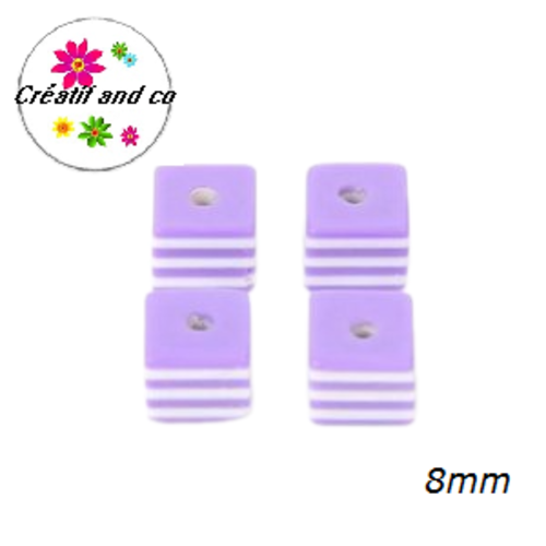 X10 perles carrées rayées mauves/blanches résine 8mm