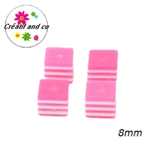 X10 perles carrées rayées fuchsias/blanches résine 8mm