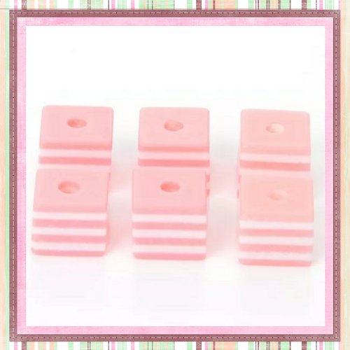 X10 perles carrées rayées roses/blanches résine 8mm