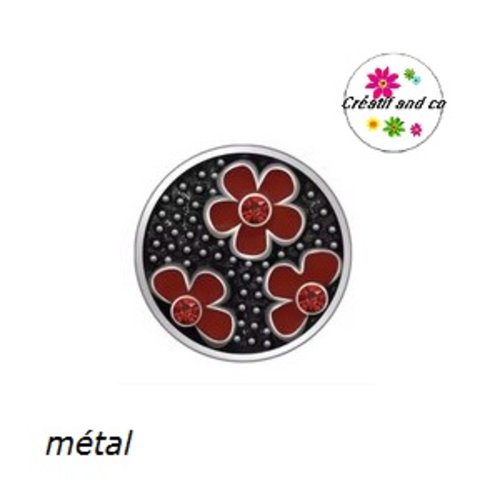 Bouton pression métal fleur et strass rouge