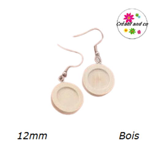 Boucle d'oreille bois naturelle pour cabochon 12mm