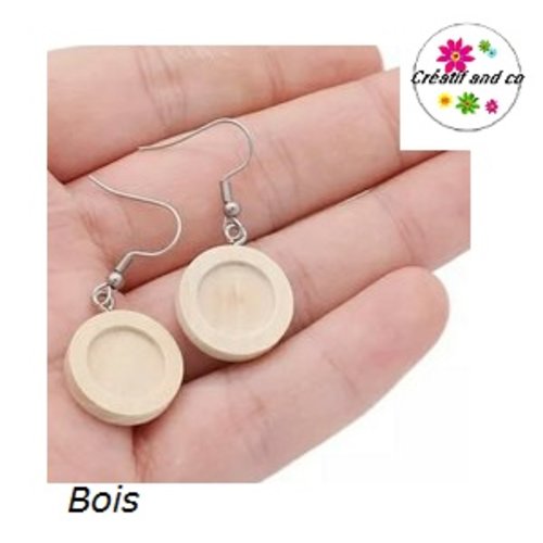 Boucle d'oreille bois naturelle pour cabochon 12mm