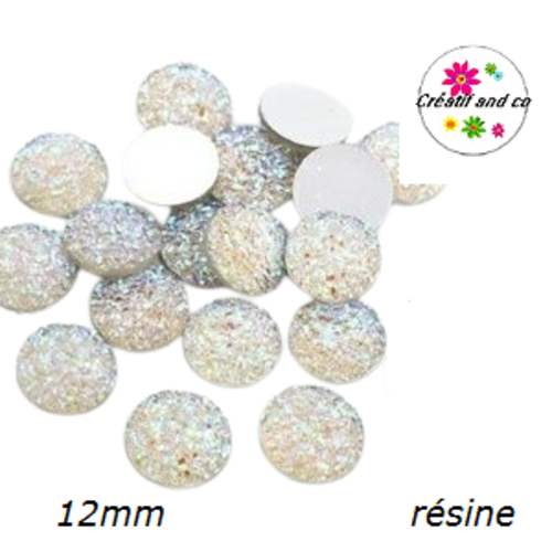 X2 cabochons imitation druzy blanc brillant résine 12mm