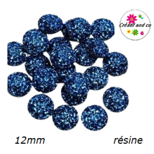 X2 cabochons imitation druzy noir bleuté résine 12mm