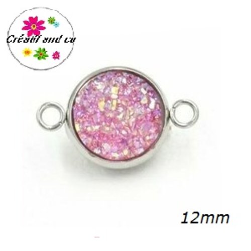 Connecteur acier inoxydable cabochon effet druzy rose 12mm