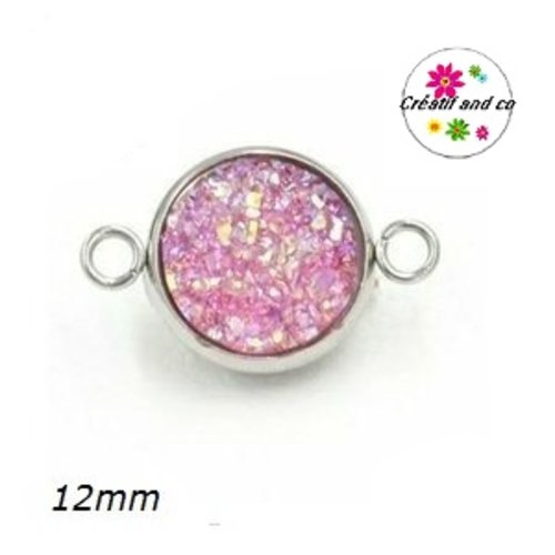 Connecteur acier inoxydable cabochon effet druzy rose 12mm