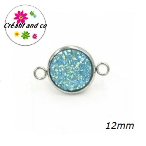 Connecteur acier inoxydable cabochon effet druzy turquoise 12mm