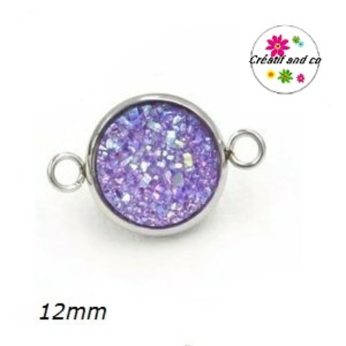 Connecteur acier inoxydable cabochon effet druzy parme 12mm