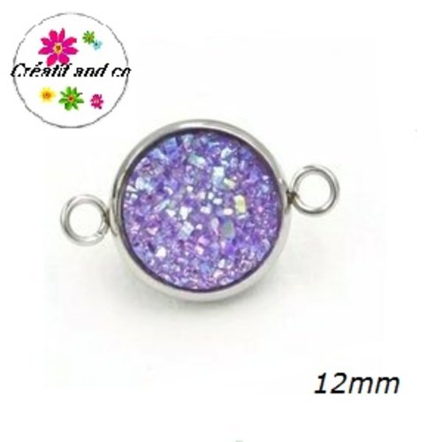 Connecteur acier inoxydable cabochon effet druzy parme 12mm