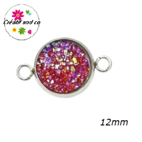 Connecteur acier inoxydable cabochon effet druzy fuschia 12mm
