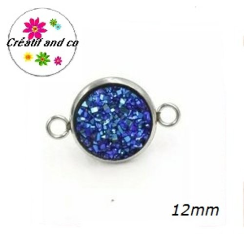 Connecteur acier inoxydable cabochon effet druzy noir bleuté 12mm