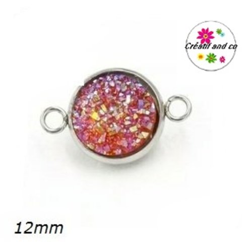 Connecteur acier inoxydable cabochon effet druzy rouge orangé 12mm