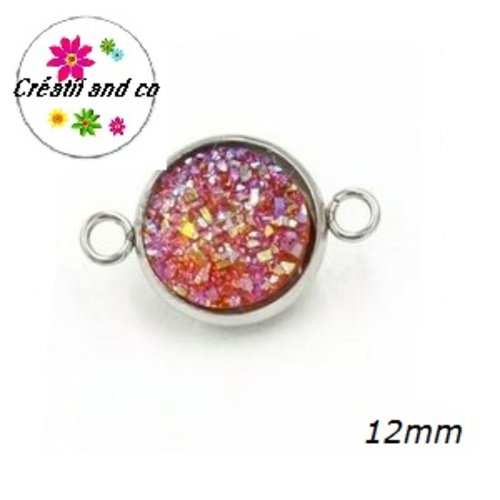 Connecteur acier inoxydable cabochon effet druzy rouge orangé 12mm