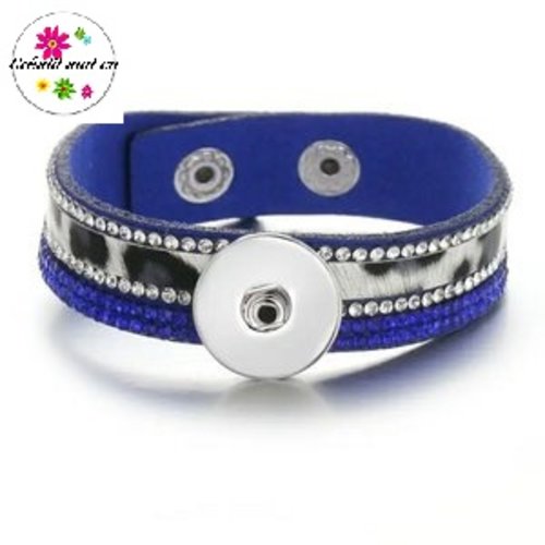 Bracelet simili cuir tissu doux bleu roi, léopard et strass pour bouton pression