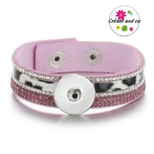 Bracelet simili cuir tissu doux parme, léopard et strass pour bouton pression
