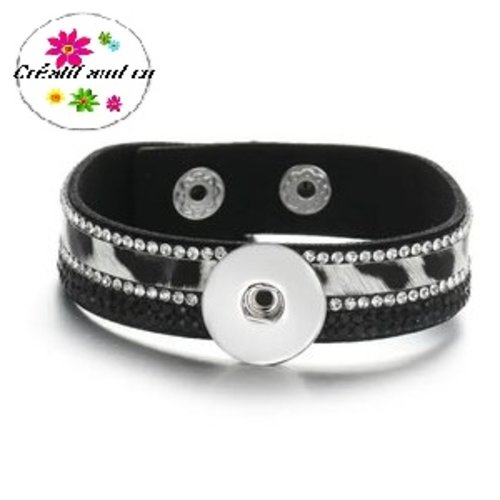 Bracelet simili cuir tissu doux noir, léopard et strass pour bouton pression