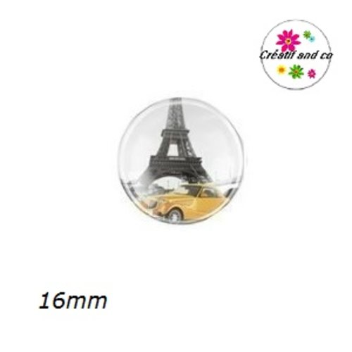 X2 cabochons voiture jaune devant tour eiffel 16mm