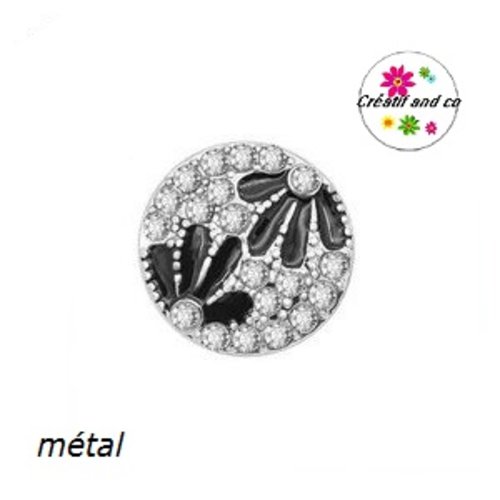 Bouton pression fleur métal émail noir et strass