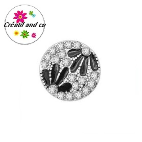 Bouton pression fleur métal émail noir et strass