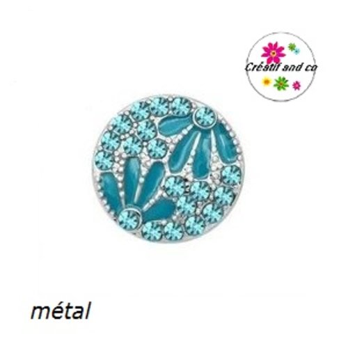 Bouton pression fleur métal émail turquoise et strass
